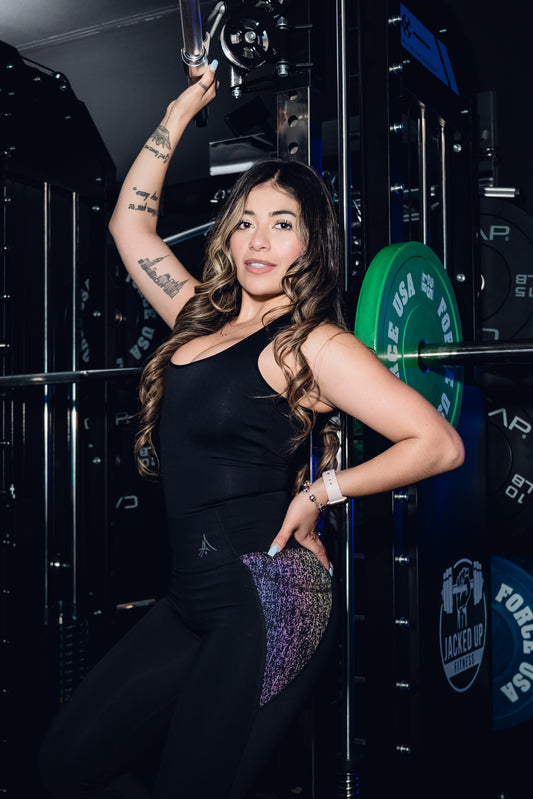Premium Black Leggings - Reflective Iris Stripes Pockets