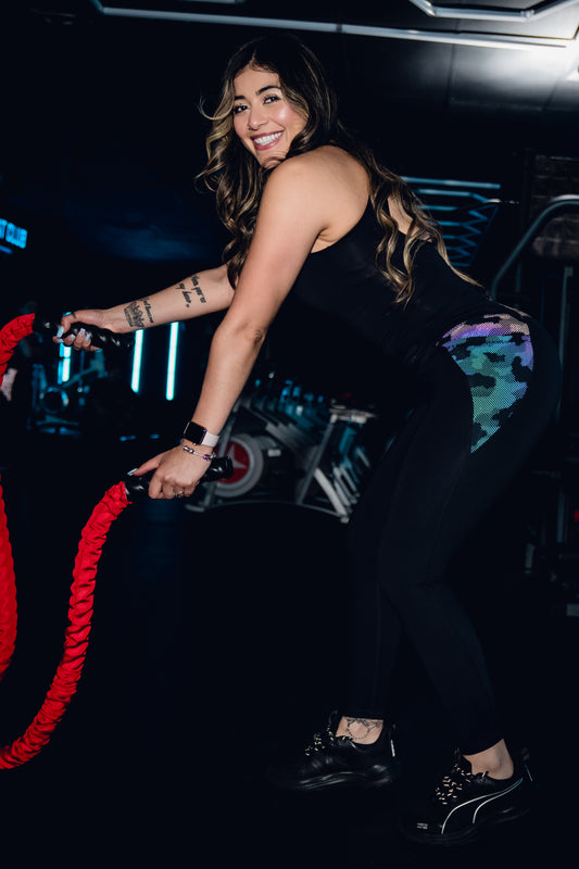 Premium Black Leggings - Reflective Iris Camo Pockets