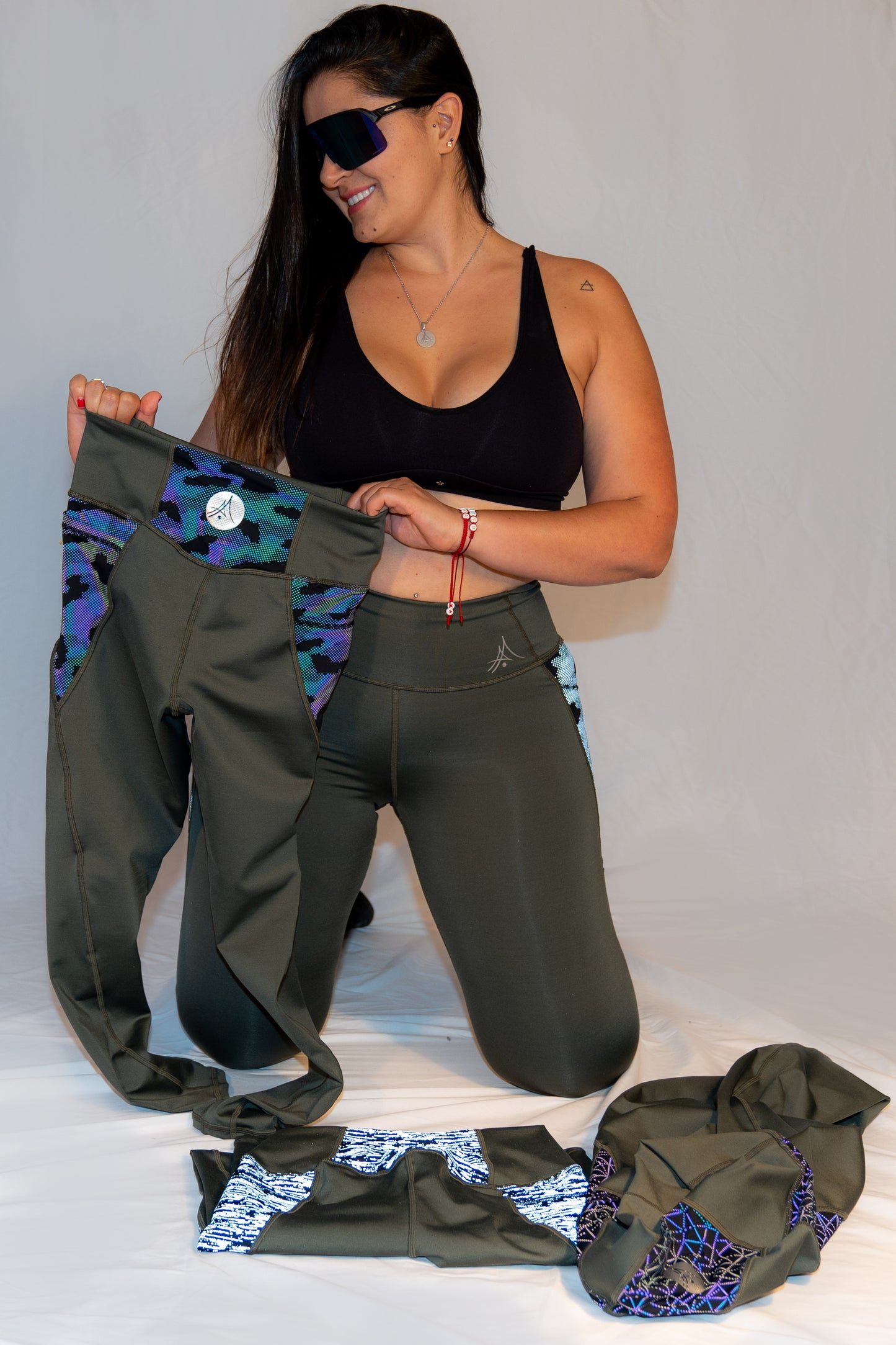 Reflective Puzzle Rainbow Olive Green Leggings