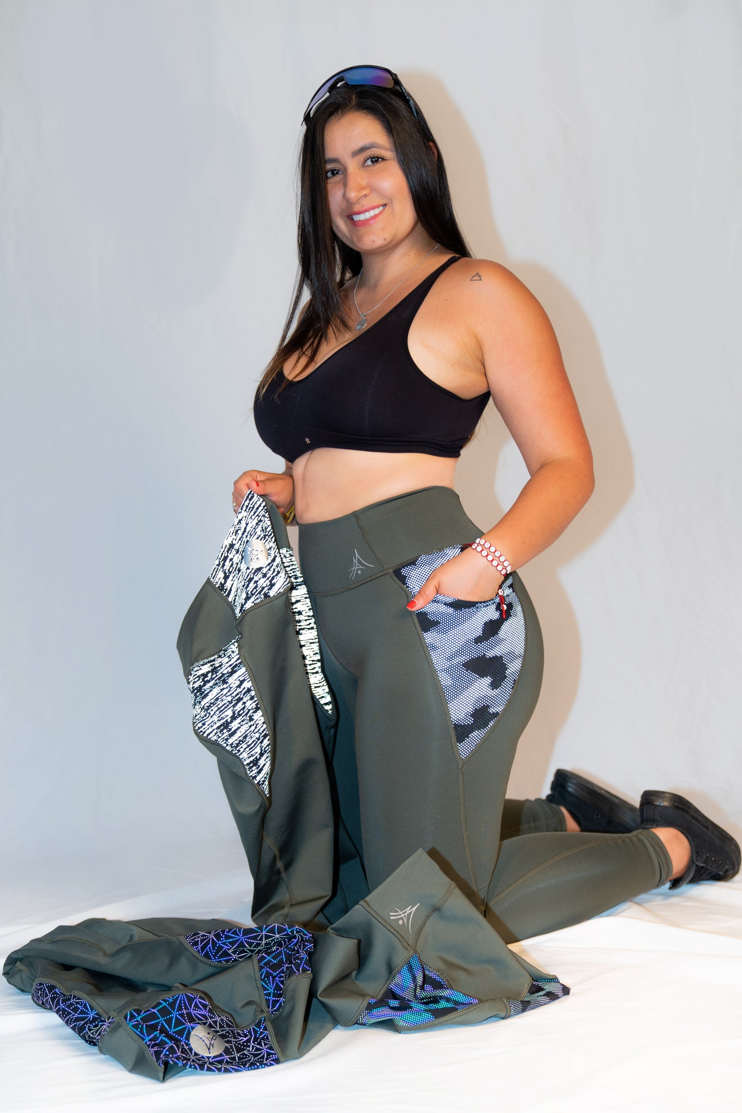 Reflective Puzzle Rainbow Olive Green Leggings